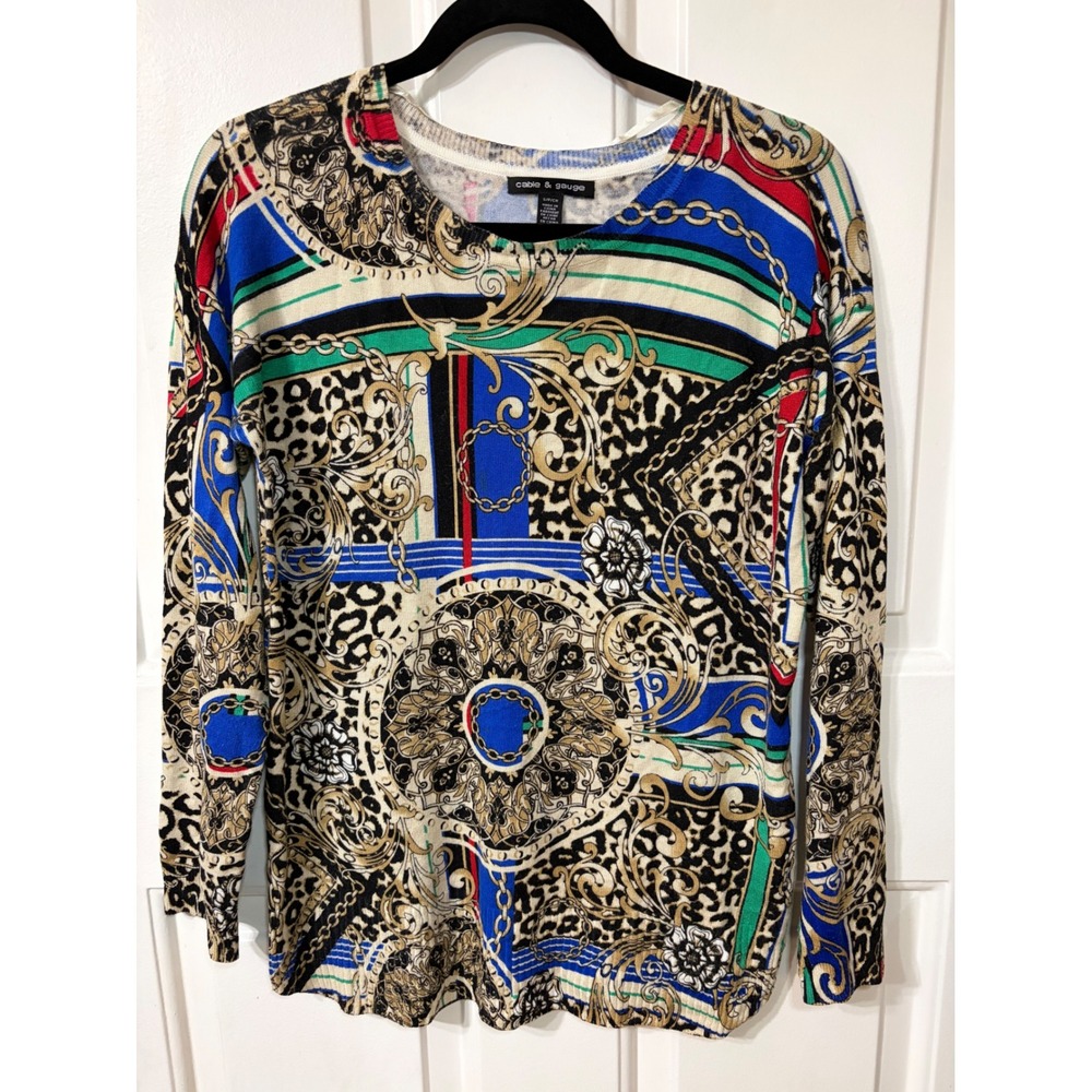 Cable & Gauge | Baroque Leopard Chain Print Knit Top | Small || Multicolor|